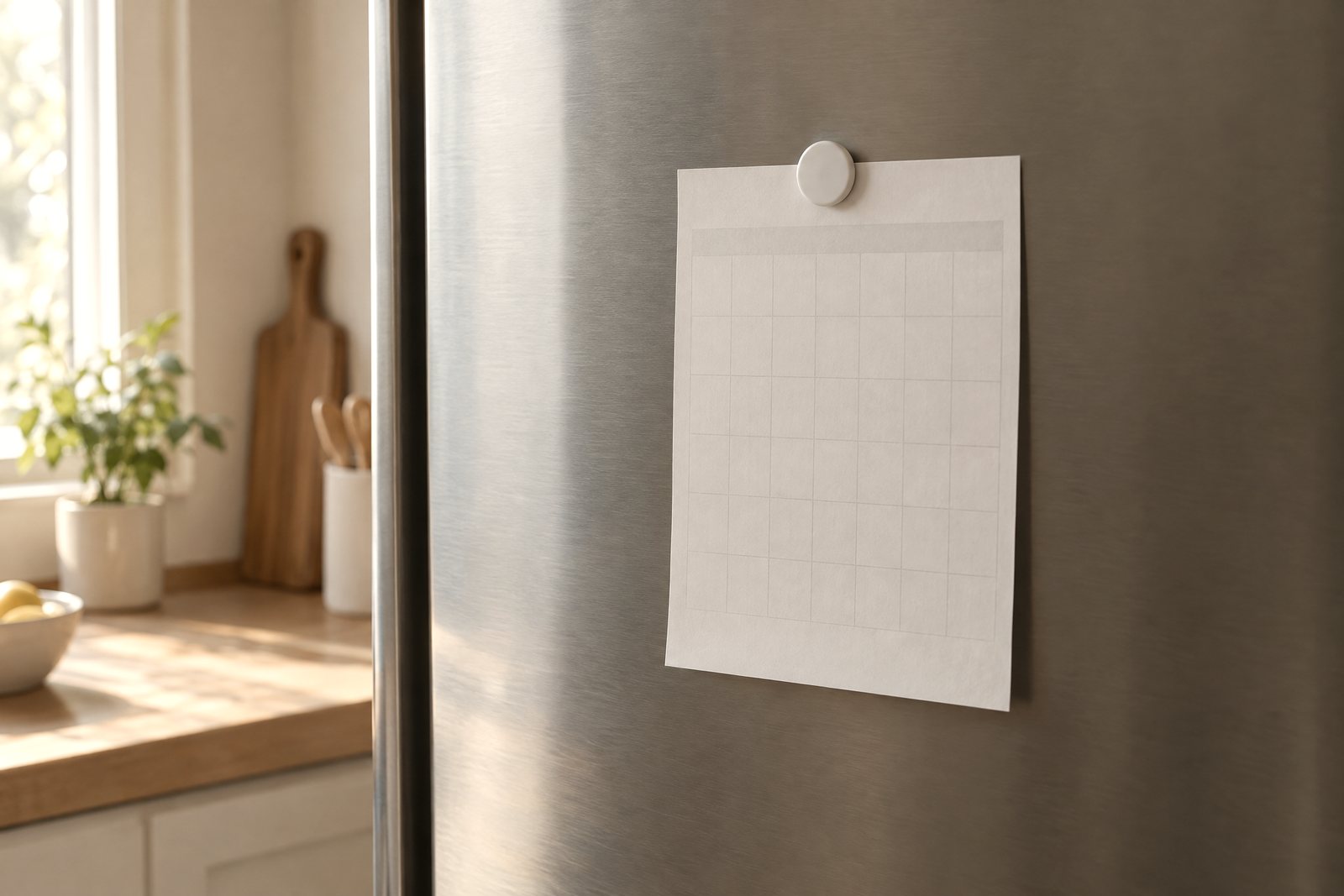 A small paper calendar page with an empty grid held to a brushed steel fridge door by one round white magnet, in soft morning light.